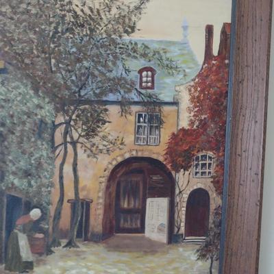 Framed Townscape Design Painting on Canvas- Signed by Artist- Approx 19 3/4" x 23 1/2"
