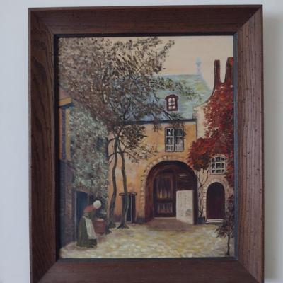 Framed Townscape Design Painting on Canvas- Signed by Artist- Approx 19 3/4" x 23 1/2"