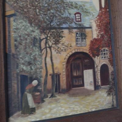 Framed Townscape Design Painting on Canvas- Signed by Artist- Approx 19 3/4" x 23 1/2"