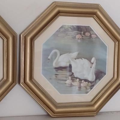 Pair of Framed Swan Family Pictures- Approx 9 3/4" in Diameter