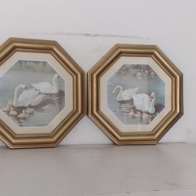 Pair of Framed Swan Family Pictures- Approx 9 3/4" in Diameter