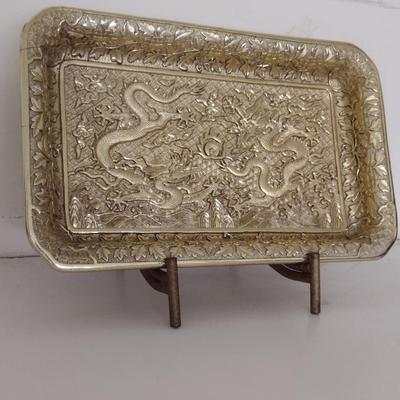 Gilt Dragon Design Decorative Plate with Metal Stand- Approx 12 1/4" x 7 1/2"