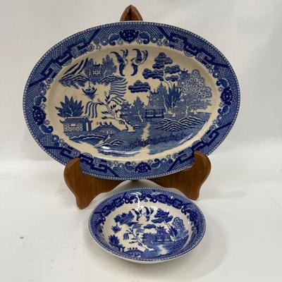 Vintage Blue Willow Porcelain Oval Platter and Round Bowl