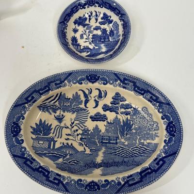 Vintage Blue Willow Porcelain Oval Platter and Round Bowl