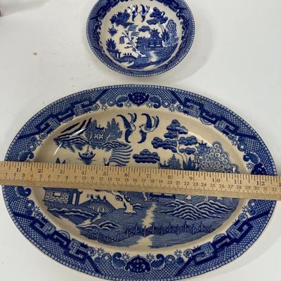 Vintage Blue Willow Porcelain Oval Platter and Round Bowl