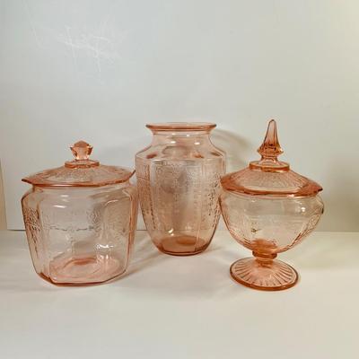 LOT 66: Pink Depression Glass - Lidded Canister, Covered Candy Dish and Vase