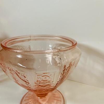 LOT 66: Pink Depression Glass - Lidded Canister, Covered Candy Dish and Vase