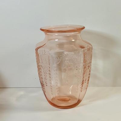 LOT 66: Pink Depression Glass - Lidded Canister, Covered Candy Dish and Vase
