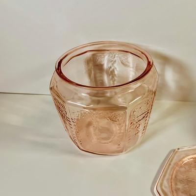 LOT 66: Pink Depression Glass - Lidded Canister, Covered Candy Dish and Vase