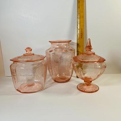 LOT 66: Pink Depression Glass - Lidded Canister, Covered Candy Dish and Vase