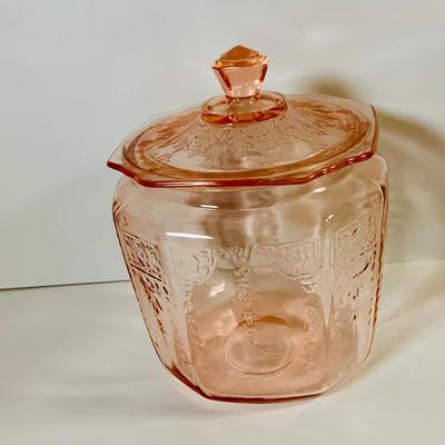 LOT 66: Pink Depression Glass - Lidded Canister, Covered Candy Dish and Vase
