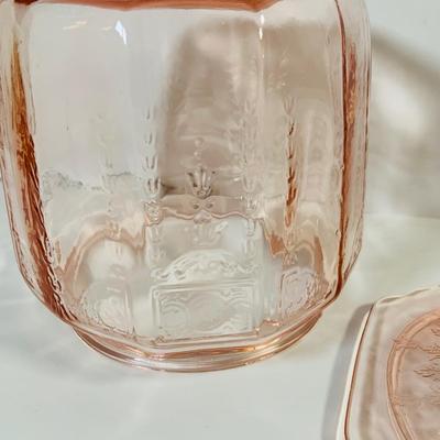 LOT 66: Pink Depression Glass - Lidded Canister, Covered Candy Dish and Vase