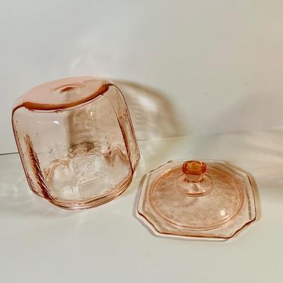 LOT 66: Pink Depression Glass - Lidded Canister, Covered Candy Dish and Vase