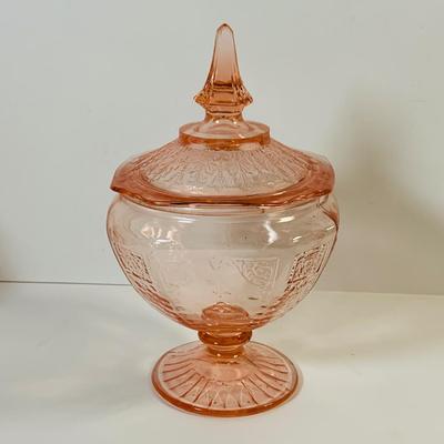 LOT 66: Pink Depression Glass - Lidded Canister, Covered Candy Dish and Vase