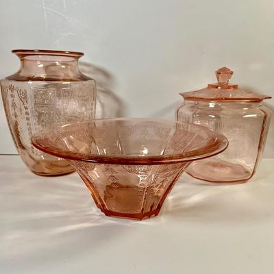 LOT 67: Collection of Pink Depression Glass - Vase, Bowl and Canister with Lid