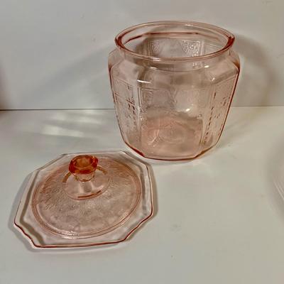 LOT 67: Collection of Pink Depression Glass - Vase, Bowl and Canister with Lid