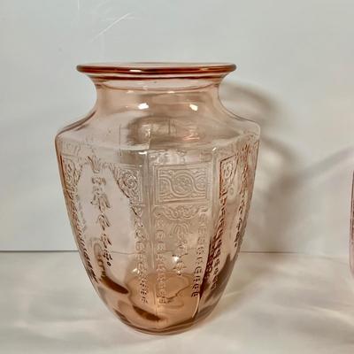 LOT 67: Collection of Pink Depression Glass - Vase, Bowl and Canister with Lid