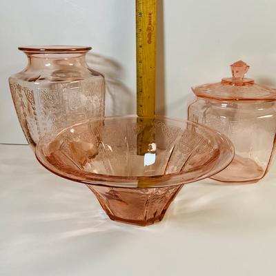 LOT 67: Collection of Pink Depression Glass - Vase, Bowl and Canister with Lid