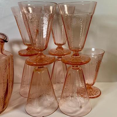 LOT 68: Large Selection of Pink Depression Glass - Glasses and Two (2) Pitchers