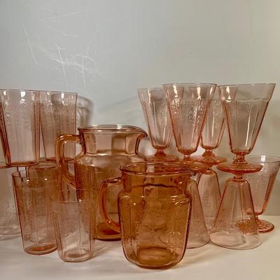 LOT 68: Large Selection of Pink Depression Glass - Glasses and Two (2) Pitchers