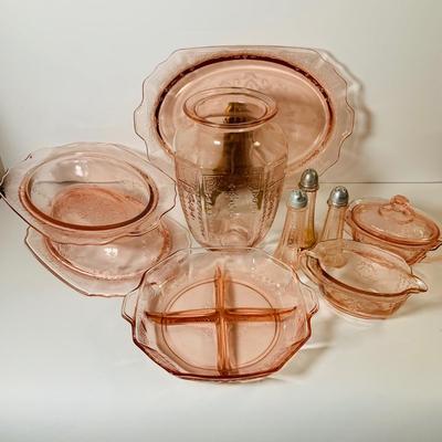 LOT 70: Large Collection of Pink Depression Glass Serving Pieces and More Including Bowls, Platters, Divided Dish, Salt Shakers, Sugar...