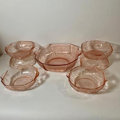 LOT 70: Large Collection of Pink Depression Glass Serving Pieces and More Including Bowls, Platters, Divided Dish, Salt Shakers, Sugar...