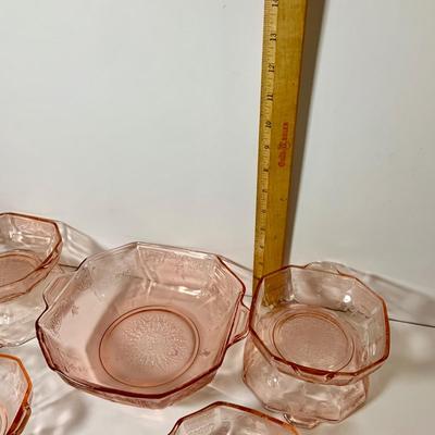 LOT 70: Large Collection of Pink Depression Glass Serving Pieces and More Including Bowls, Platters, Divided Dish, Salt Shakers, Sugar...