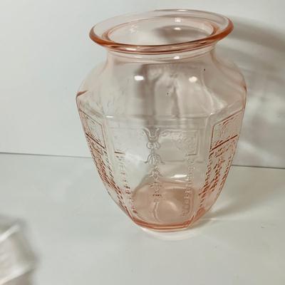 LOT 70: Large Collection of Pink Depression Glass Serving Pieces and More Including Bowls, Platters, Divided Dish, Salt Shakers, Sugar...