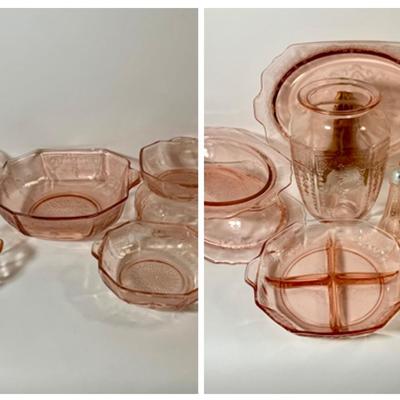 LOT 70: Large Collection of Pink Depression Glass Serving Pieces and More Including Bowls, Platters, Divided Dish, Salt Shakers, Sugar...