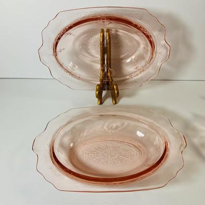 LOT 70: Large Collection of Pink Depression Glass Serving Pieces and More Including Bowls, Platters, Divided Dish, Salt Shakers, Sugar...