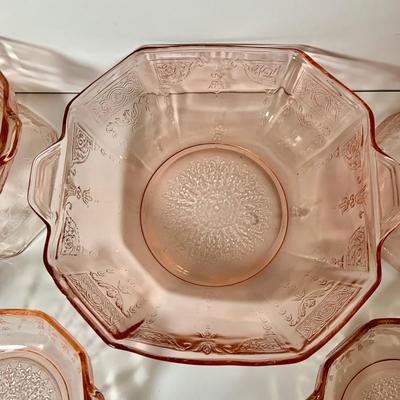 LOT 70: Large Collection of Pink Depression Glass Serving Pieces and More Including Bowls, Platters, Divided Dish, Salt Shakers, Sugar...