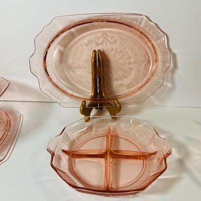 LOT 70: Large Collection of Pink Depression Glass Serving Pieces and More Including Bowls, Platters, Divided Dish, Salt Shakers, Sugar...