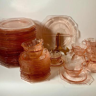 LOT 71: Pink Depression Glass Place Settings Divided Dinner Plates, Cup and Saucers and More