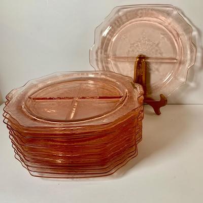LOT 71: Pink Depression Glass Place Settings Divided Dinner Plates, Cup and Saucers and More
