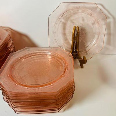 LOT 71: Pink Depression Glass Place Settings Divided Dinner Plates, Cup and Saucers and More
