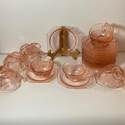 LOT 71: Pink Depression Glass Place Settings Divided Dinner Plates, Cup and Saucers and More