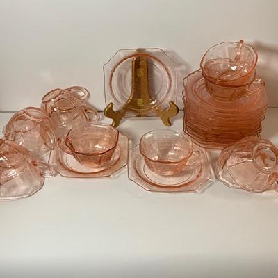 LOT 71: Pink Depression Glass Place Settings Divided Dinner Plates, Cup and Saucers and More