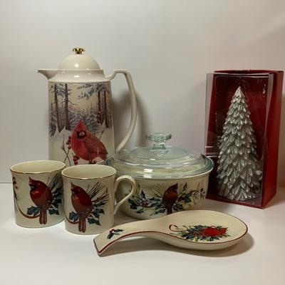 LOT 75: Lenox Winter Greeting Collection - Casserole Dish with Lid, Thermal Carafe, Mugs and Spoon Rest and a Silver Lenox Christmas Tree...