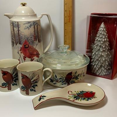 LOT 75: Lenox Winter Greeting Collection - Casserole Dish with Lid, Thermal Carafe, Mugs and Spoon Rest and a Silver Lenox Christmas Tree...