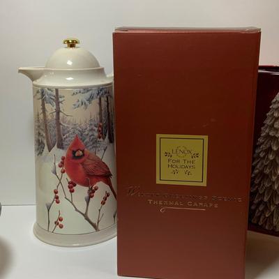 LOT 75: Lenox Winter Greeting Collection - Casserole Dish with Lid, Thermal Carafe, Mugs and Spoon Rest and a Silver Lenox Christmas Tree...