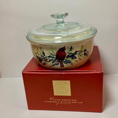 LOT 75: Lenox Winter Greeting Collection - Casserole Dish with Lid, Thermal Carafe, Mugs and Spoon Rest and a Silver Lenox Christmas Tree...