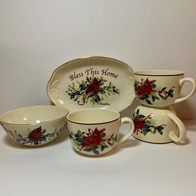 LOT 76: Lenox Winter Greetings - Large Soup Mugs (2 with Boxes), Bowl and “Bless the Home’ Serving Dish