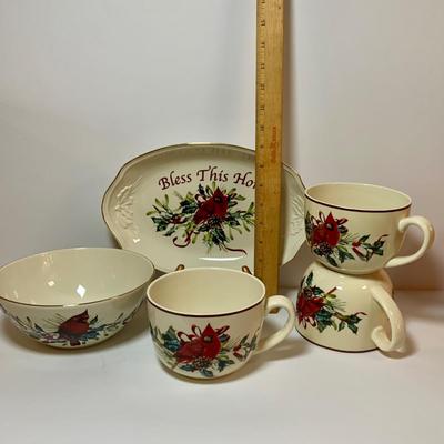 LOT 76: Lenox Winter Greetings - Large Soup Mugs (2 with Boxes), Bowl and “Bless the Home’ Serving Dish