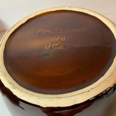 LOT 77: Collection of Brown Drip Glaze Pottery Including Pfaltzgraff Bean Pot and Serving Platter, Cups, Bowls and Platter by Various Makers