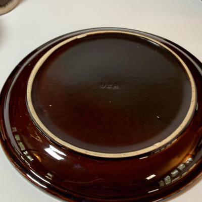 LOT 77: Collection of Brown Drip Glaze Pottery Including Pfaltzgraff Bean Pot and Serving Platter, Cups, Bowls and Platter by Various Makers