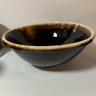 LOT 77: Collection of Brown Drip Glaze Pottery Including Pfaltzgraff Bean Pot and Serving Platter, Cups, Bowls and Platter by Various Makers