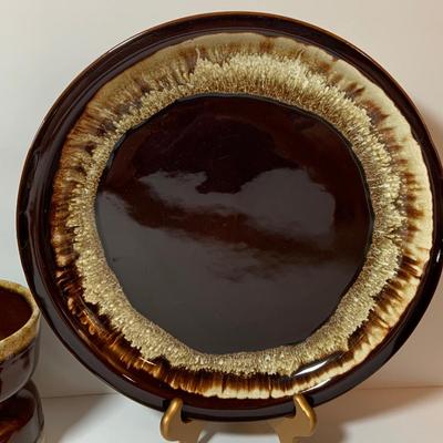 LOT 77: Collection of Brown Drip Glaze Pottery Including Pfaltzgraff Bean Pot and Serving Platter, Cups, Bowls and Platter by Various Makers
