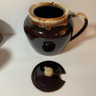 LOT 77: Collection of Brown Drip Glaze Pottery Including Pfaltzgraff Bean Pot and Serving Platter, Cups, Bowls and Platter by Various Makers