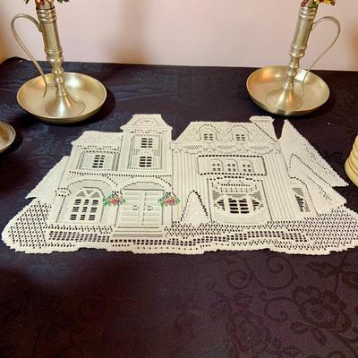 LOT 78: Candle Holders, Candle Sticks and Lace House Placemat