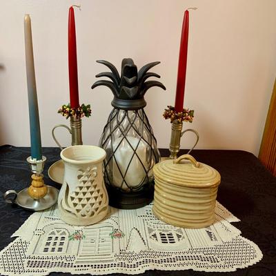 LOT 78: Candle Holders, Candle Sticks and Lace House Placemat